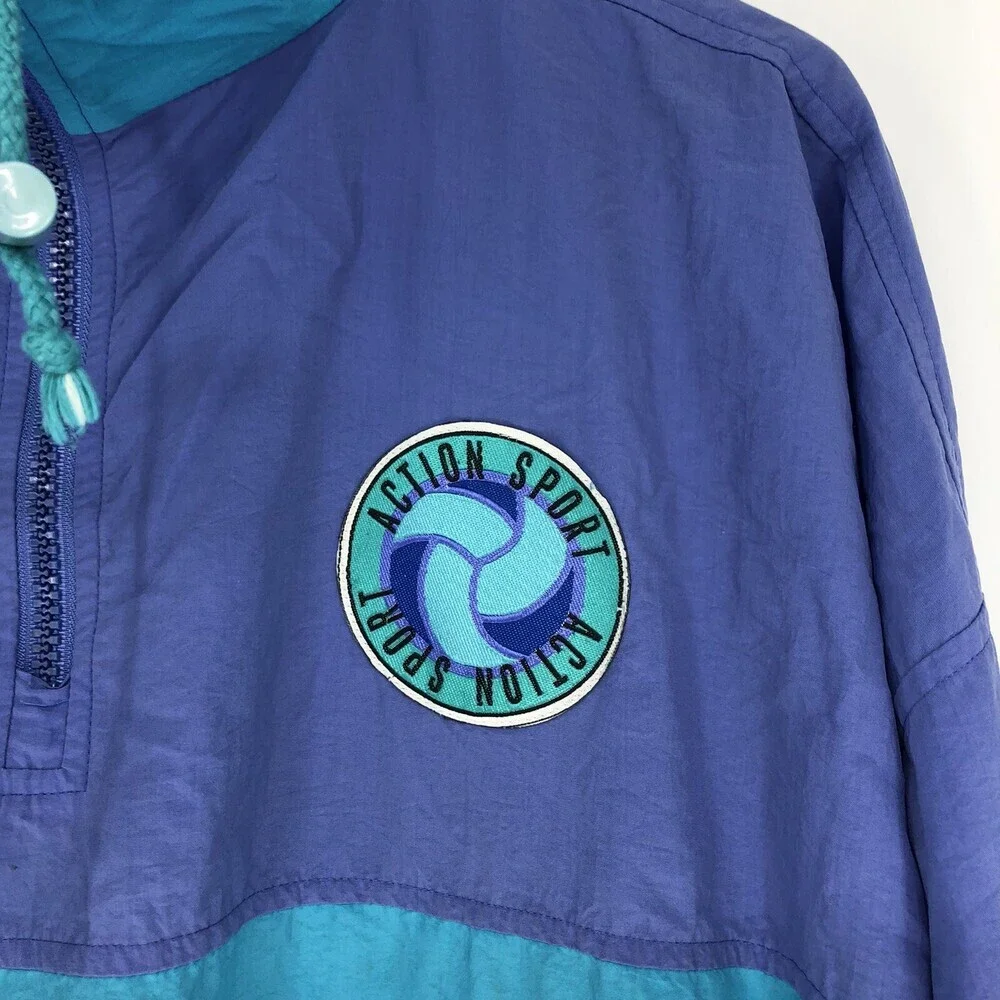 Vintage 80's Action Sport Teal & Purple Men's Anorak Windbreaker Jacket Size Med